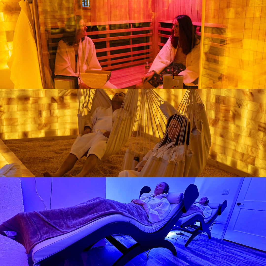 A couple in the infrared sauna, hanging out on hammocks, and using the immersive meditation suite