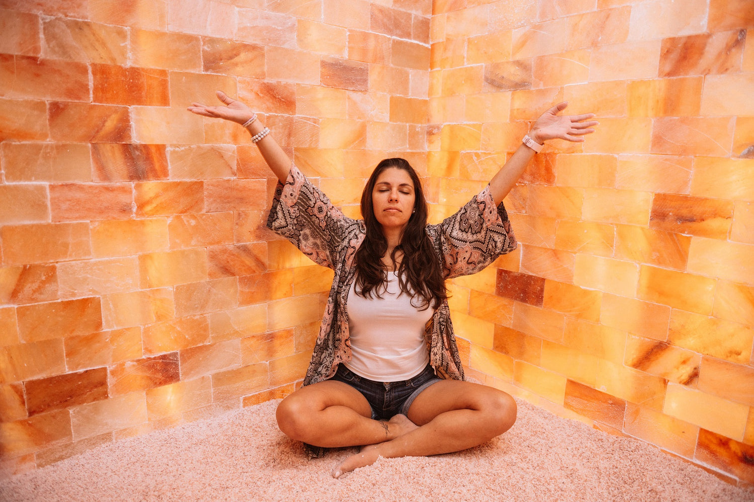 Woman relaxing in the himalayan salt room